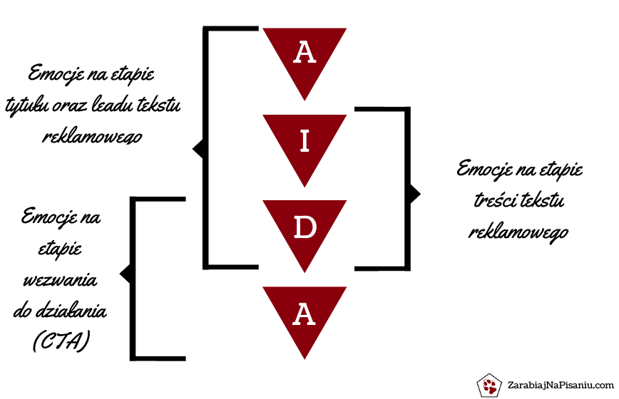 Wykres przedstawiający, jak napisać reklamę produktu z wykorzystaniem modelu AIDA.