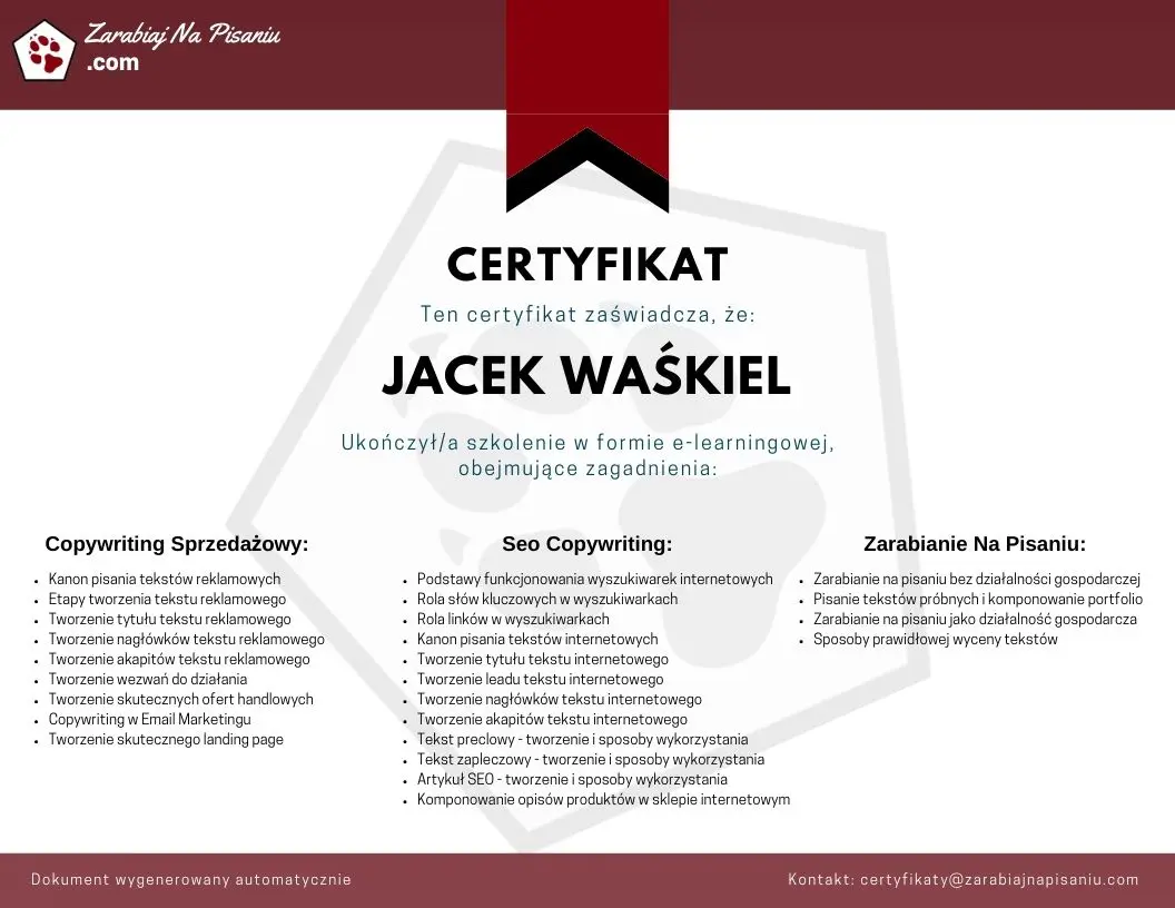 Obraz przedstawiający certyfikat ukończenia kursu copywritingu online.